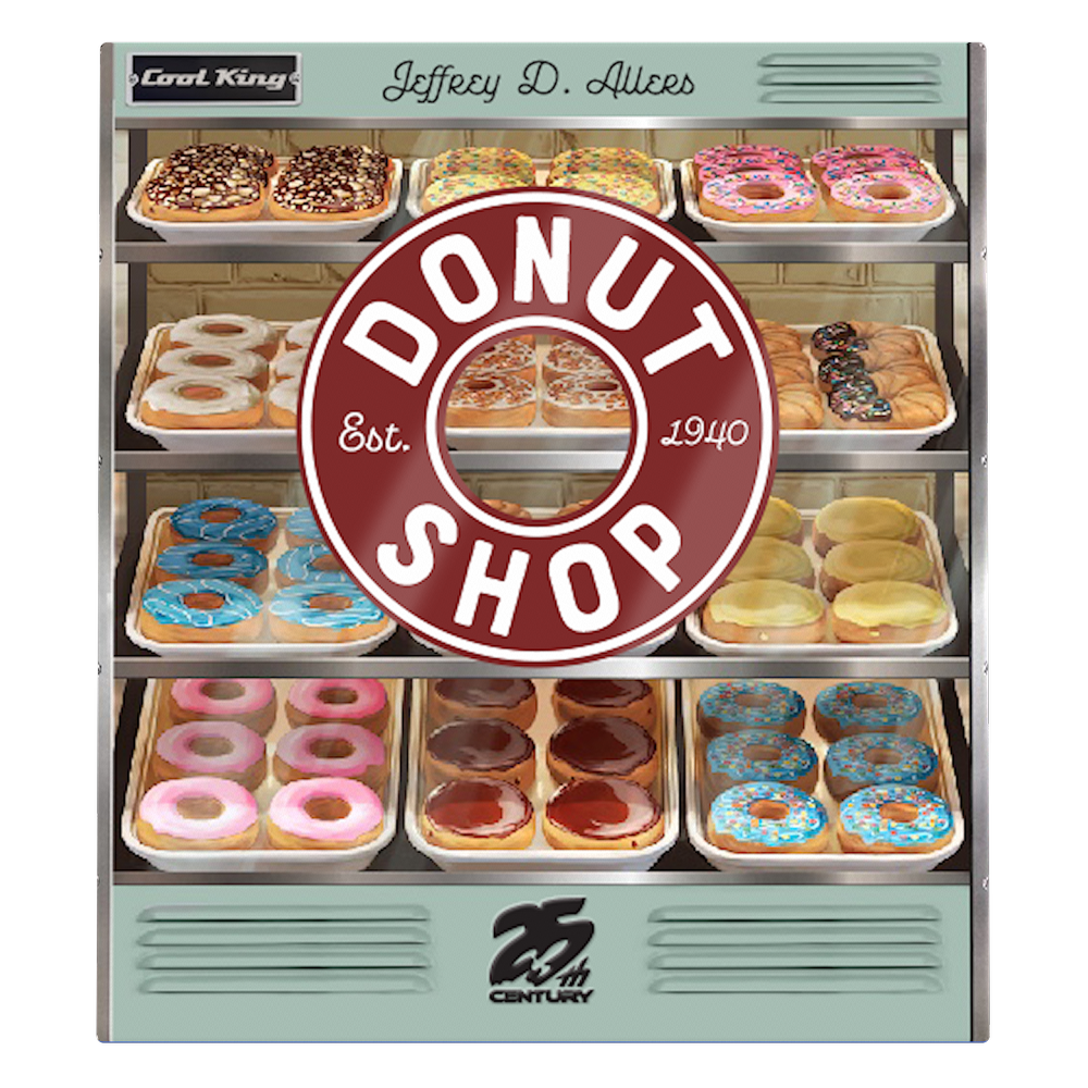 25th Century Games Donut Shop 1 a retro-style arcade game cabinet featuring colorful donuts on multiple display shelves and a bold Donut Shop Est 1940 logo