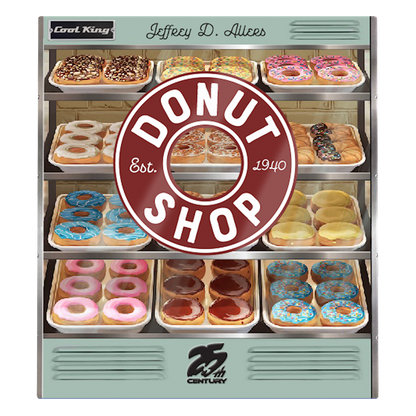 25th Century Games Donut Shop 1 a retro-style arcade game cabinet featuring colorful donuts on multiple display shelves and a bold Donut Shop Est 1940 logo