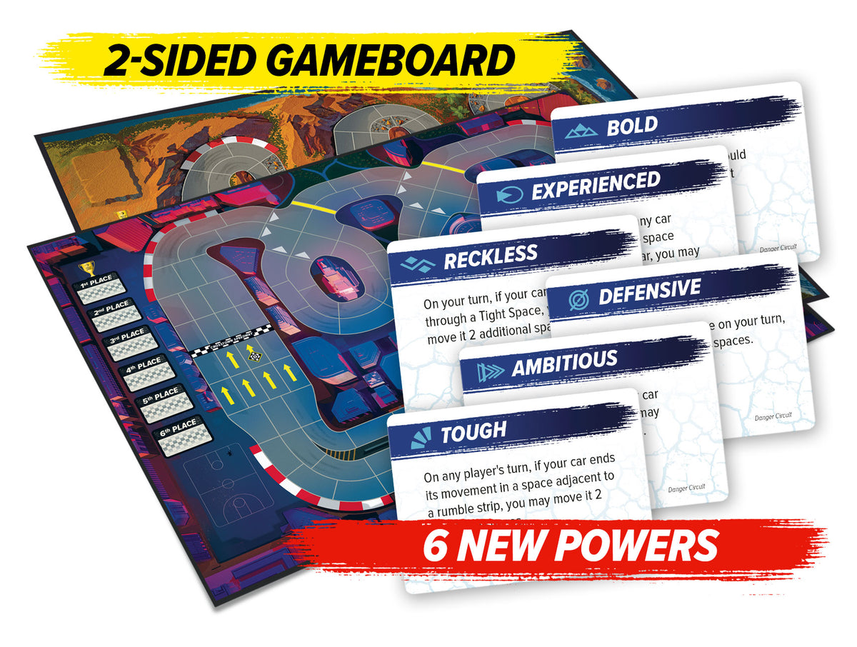 2-sided gameboard for Danger Circuit featuring desert and city tracks with 6 new power cards Bold Experienced Reckless Defensive Ambitious Tough