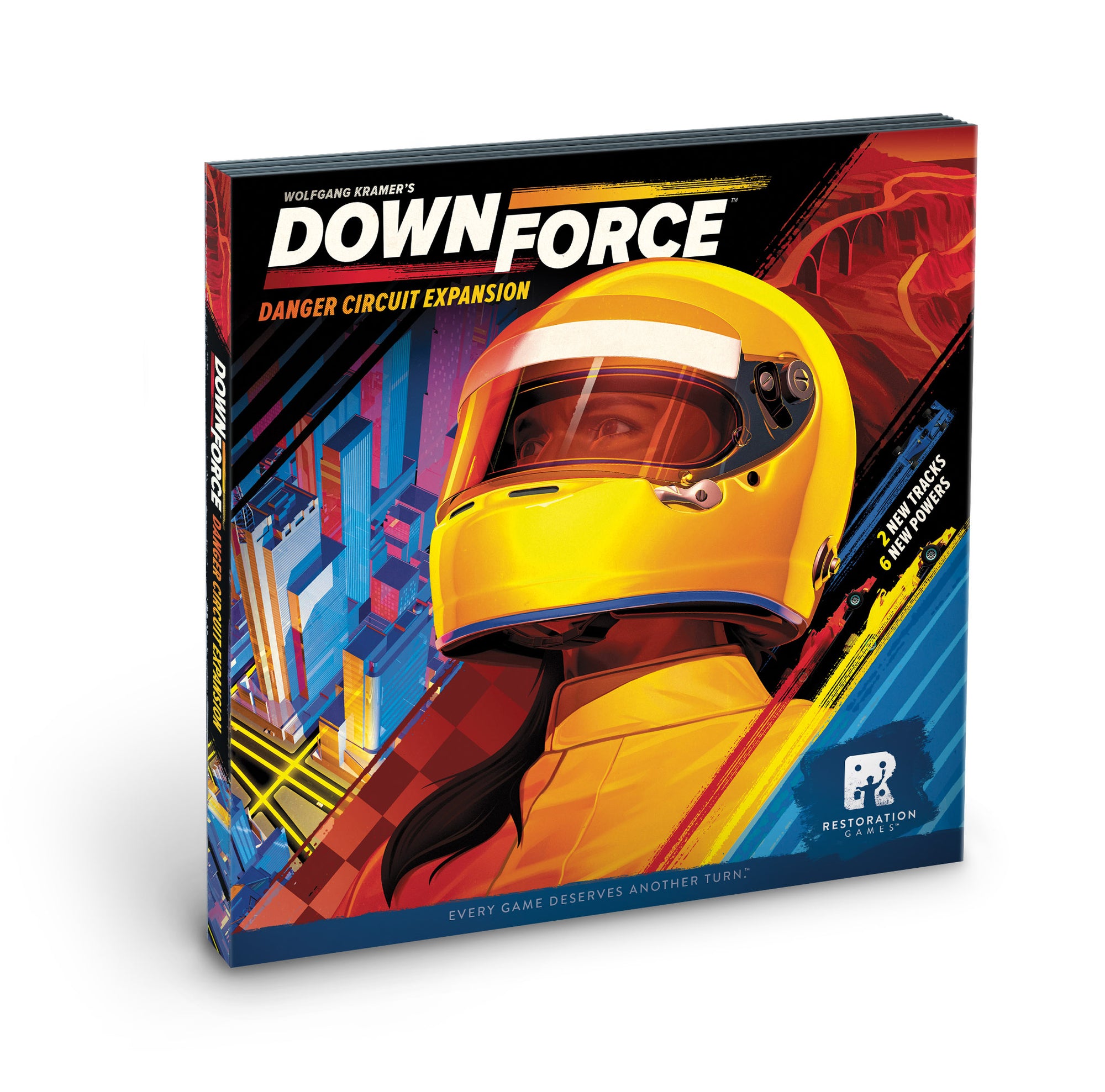 Downforce Danger Circuit Expansion board game box featuring a race car driver's helmet against a city and canyon background