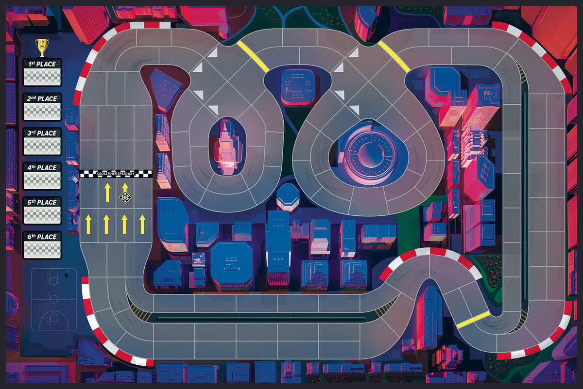 Overhead view of a futuristic city race track with glowing buildings and podium checklist