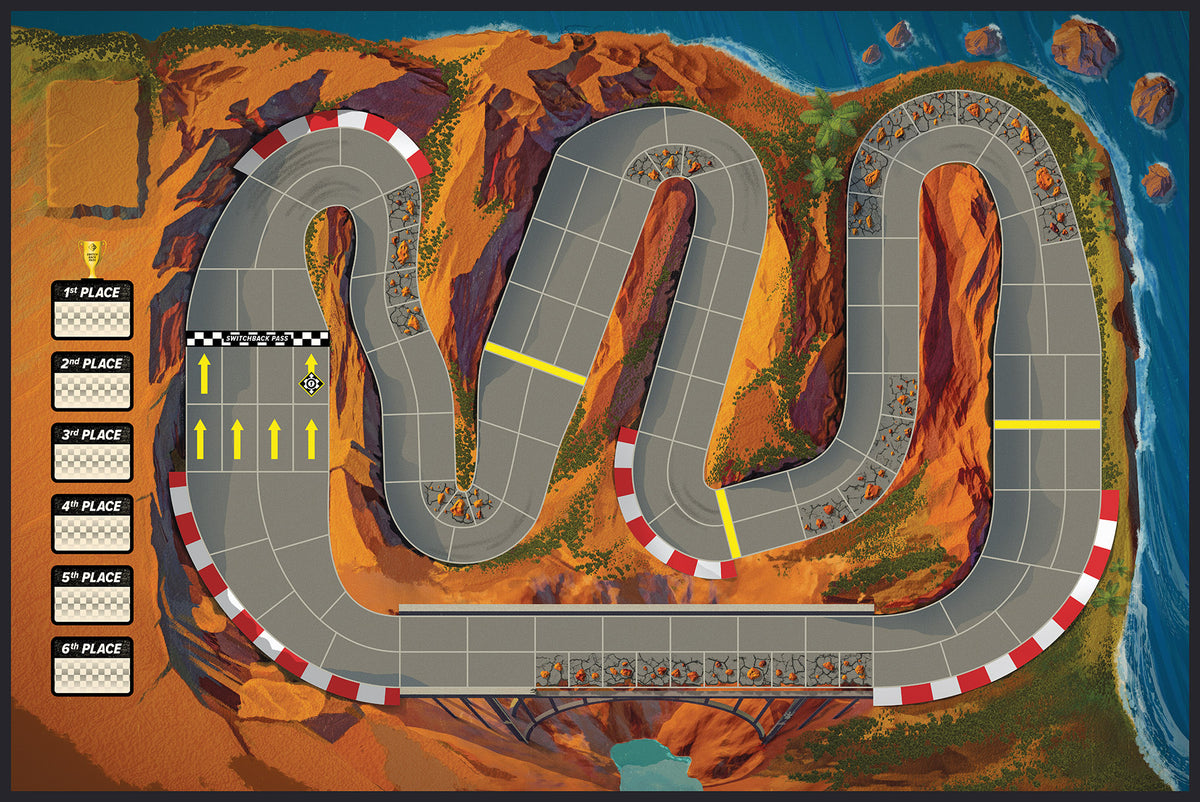 Overhead view of a desert race track with six labeled placement spots on the left