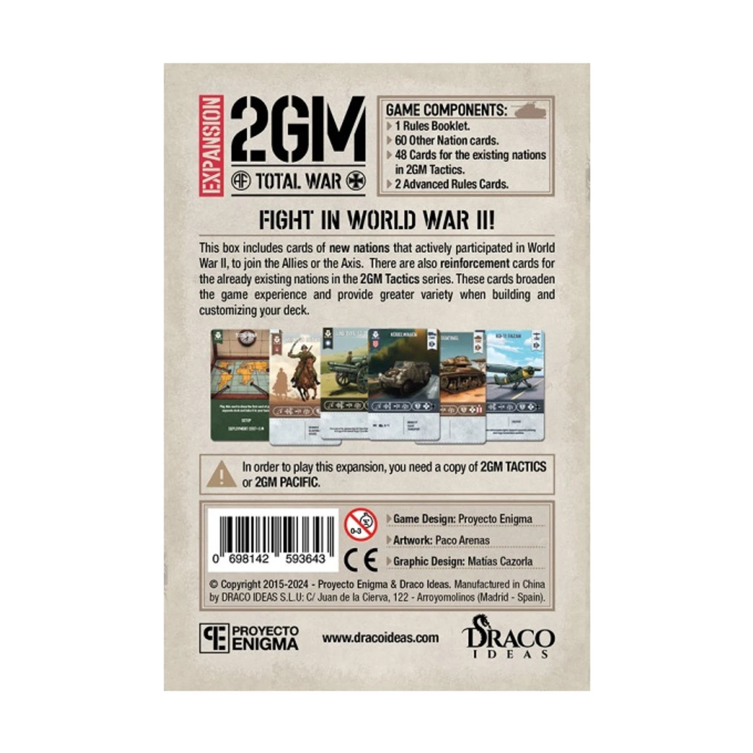 Back of the 2GM Total War WWII expansion box, detailing contents and showing example unit cards