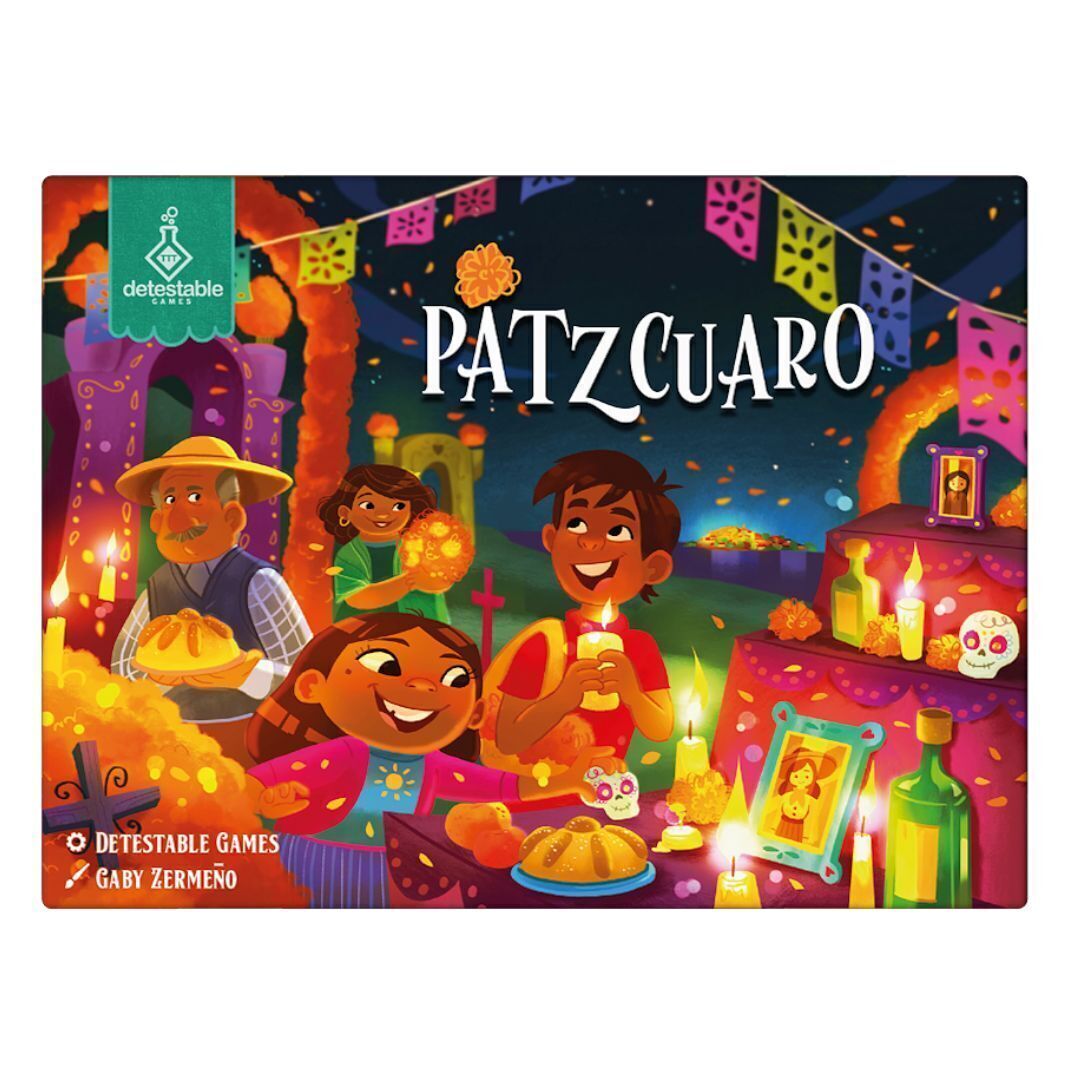 Patzcuaro board game cover: Smiling family at a vibrant Day of the Dead celebration with candles, pan de muerto, marigolds, papel picado, and an altar
