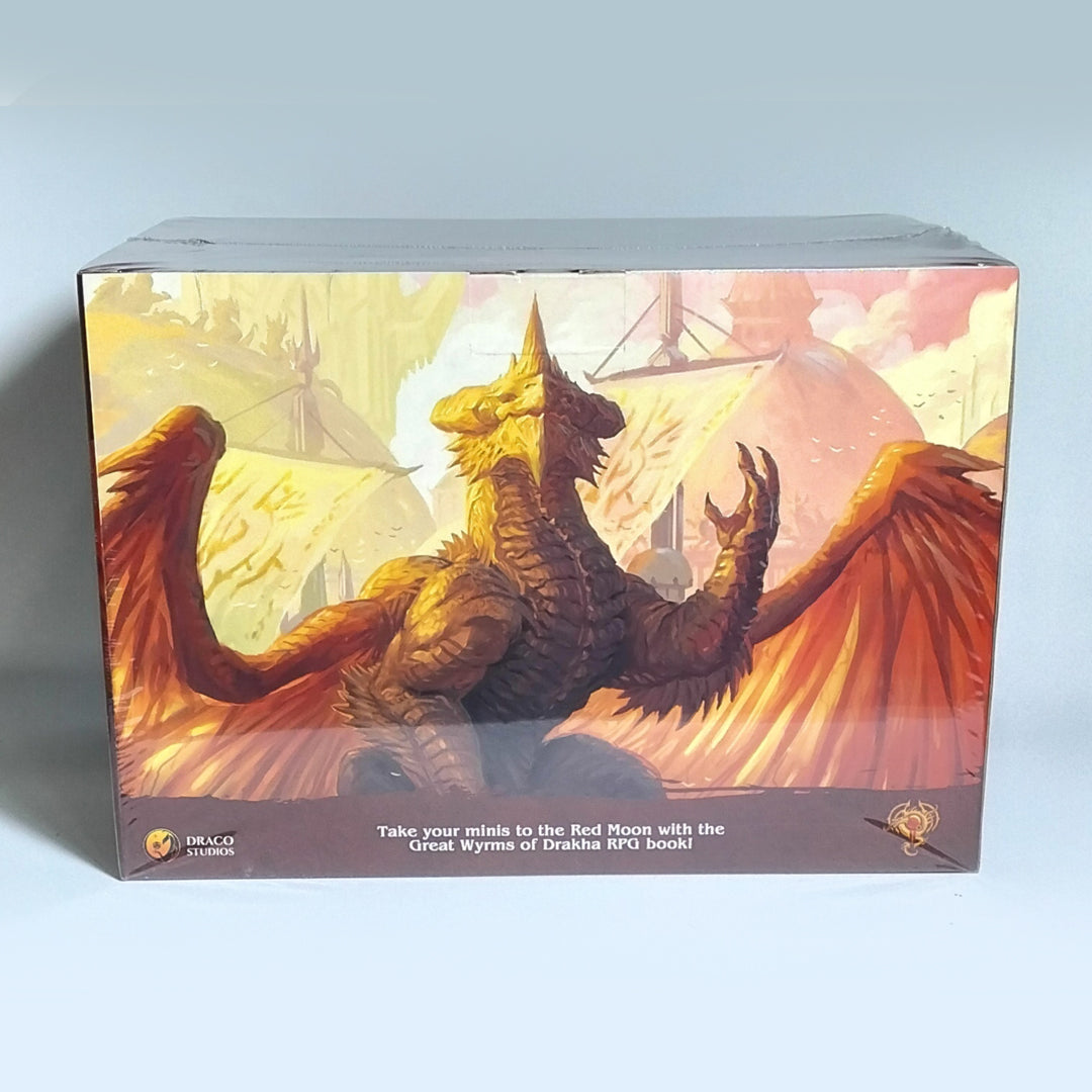 Box with art of a golden-brown dragon with wide, reddish wings, for the Great Wyrms of Drakha RPG book