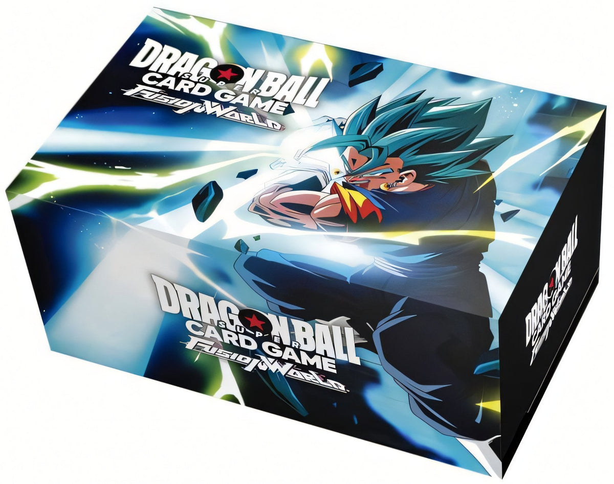 Dragon Ball Super Card Game Fusion World booster box with Super Saiyan Blue Vegito in a powerful action pose amidst blue energy and lightning