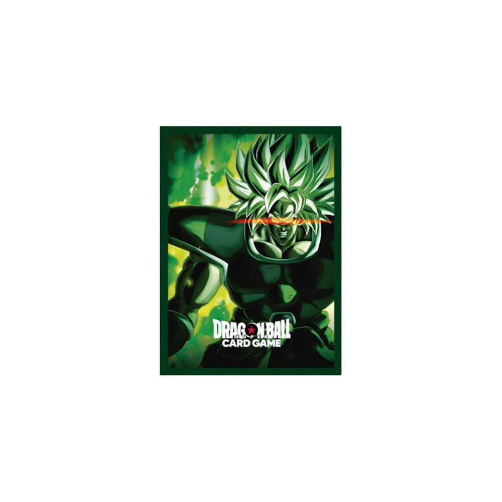 Dragon Ball Card Game sleeve featuring Broly with spiky green hair, dark green armor, and red eye beams on a vibrant green energy background