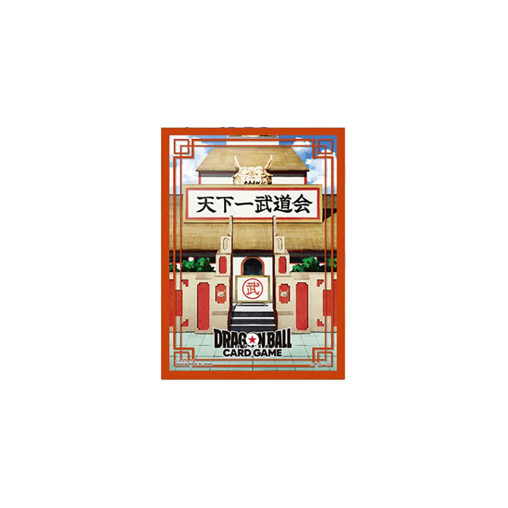 Dragon Ball Card Game sleeve featuring the Tenkaichi Budokai arena with a Japanese sign and golden dragon head