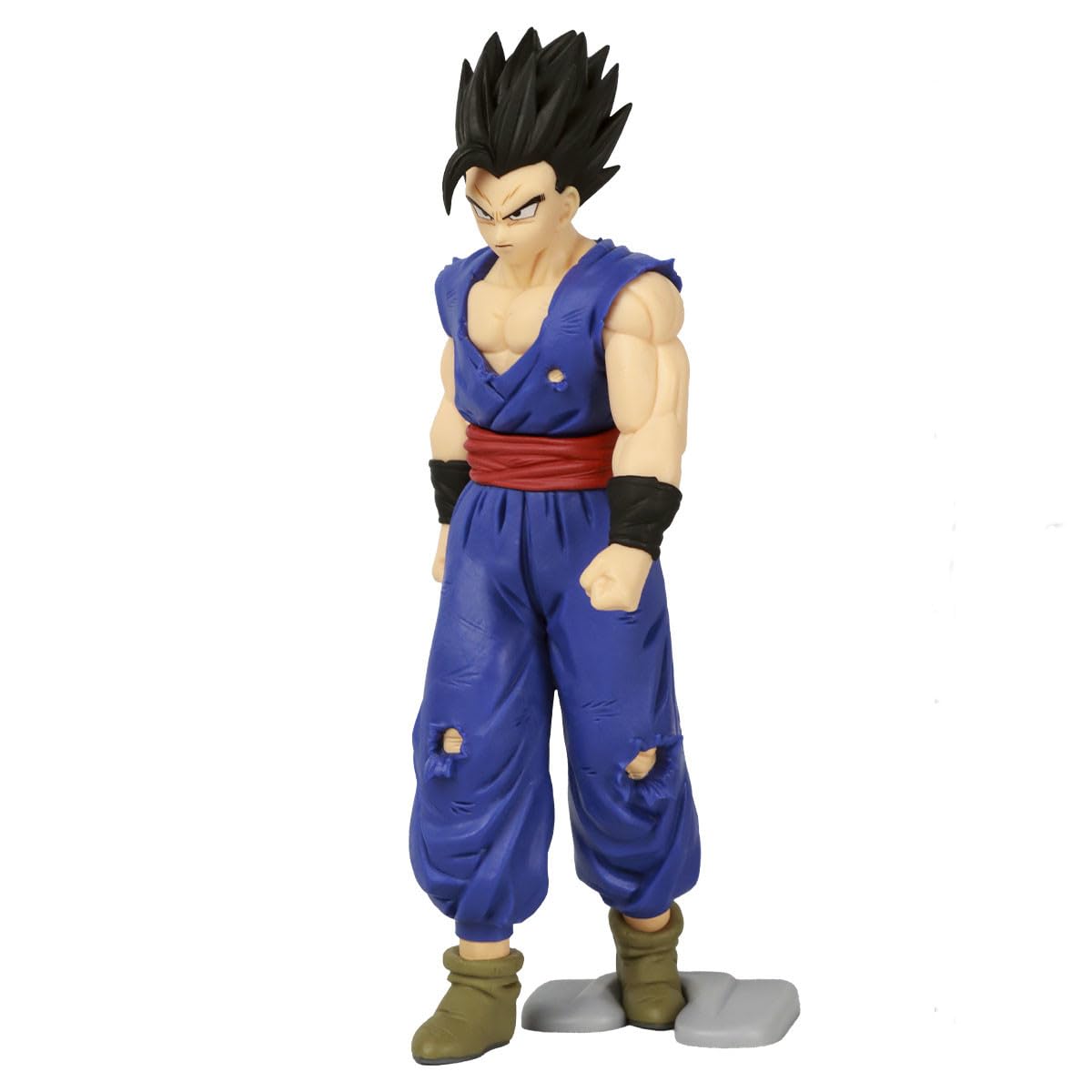 Dragon Ball Z Gohan figure in torn blue gi, red sash, and green boots, standing with a serious expression.