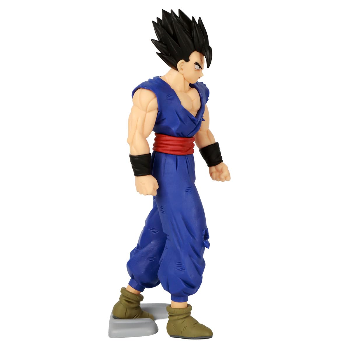 Gohan figure in blue gi with red sash, spiky black hair, standing, looking slightly down and right.