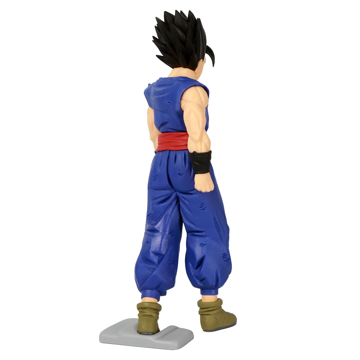 Gohan anime figure standing with spiky black hair, blue gi, red sash, and brown boots, viewed from the back.
