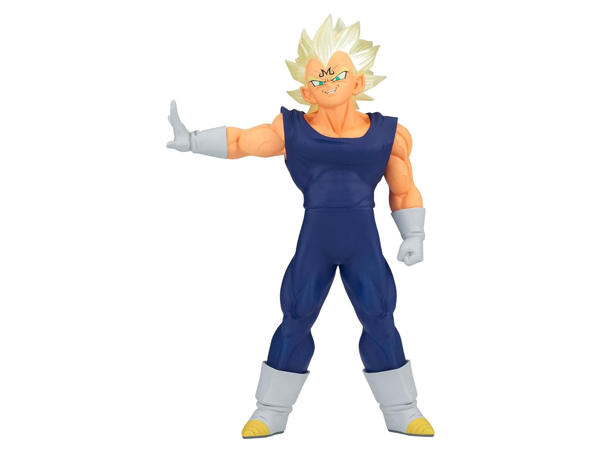 Majin Vegeta figure with &#39;M&#39; on forehead, spiky blonde hair, blue suit. Left arm extended with open palm, right fist clenched