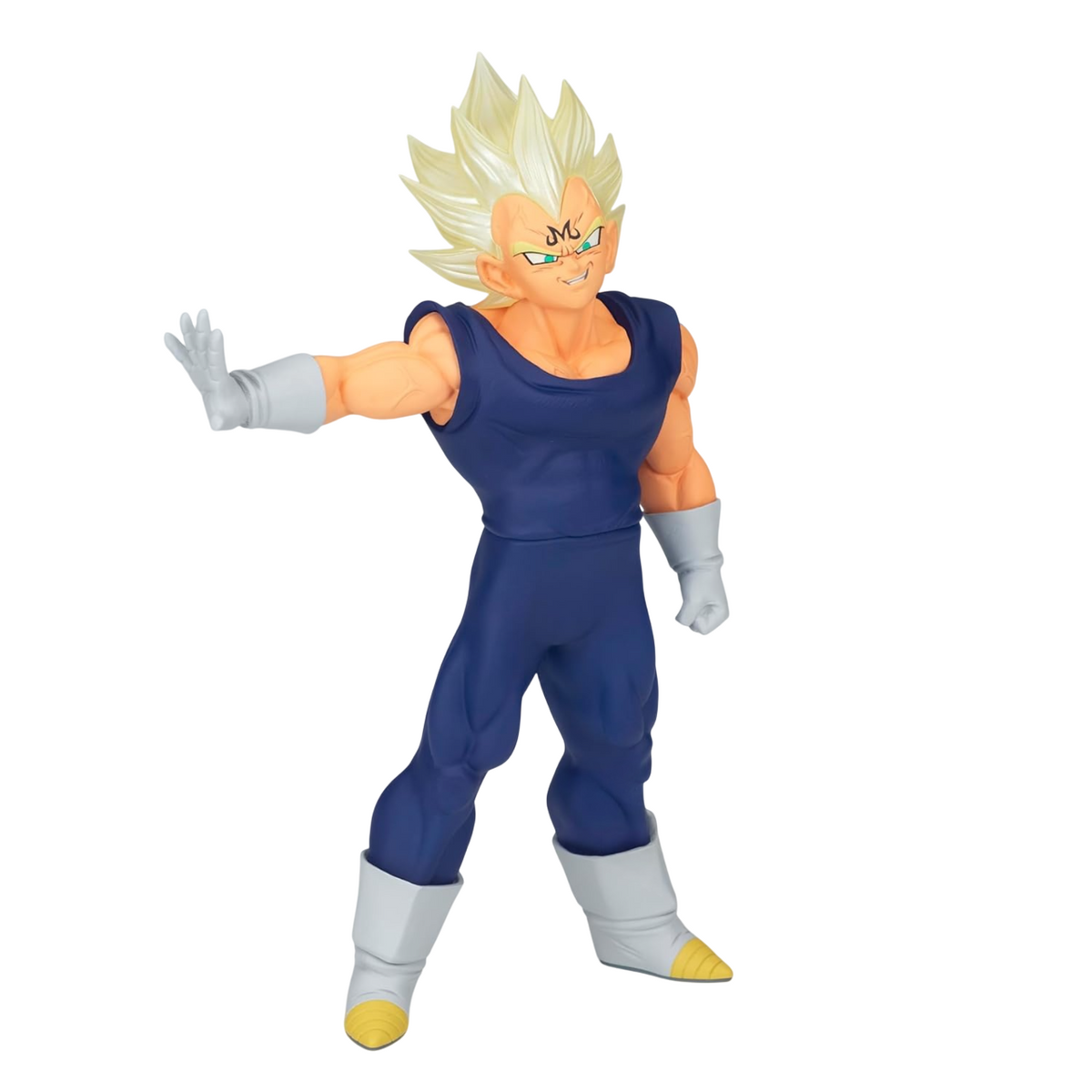 Majin Vegeta Super Saiyan figure in blue, left hand raised with open palm, &quot;M&quot; symbol on forehead