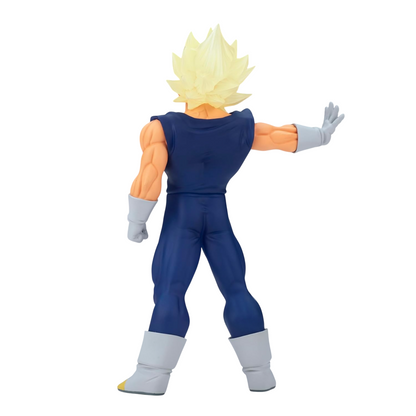 Majin Vegeta Super Saiyan figure, viewed from behind, with spiky blonde hair, blue uniform, and right arm extended with open palm
