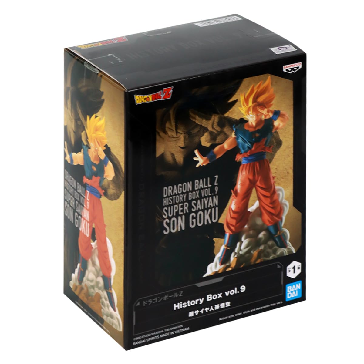 Black Dragon Ball Z History Box Vol. 9 for Super Saiyan Son Goku figure, shown in a dynamic pose on the box