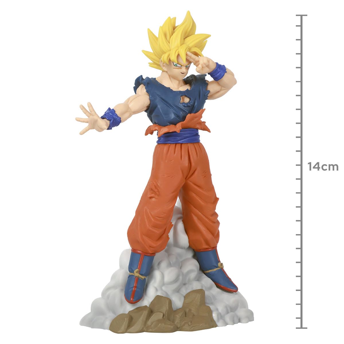 A 14cm Super Saiyan Goku figurine in his Instant Transmission pose, standing on a rocky, cloudy base