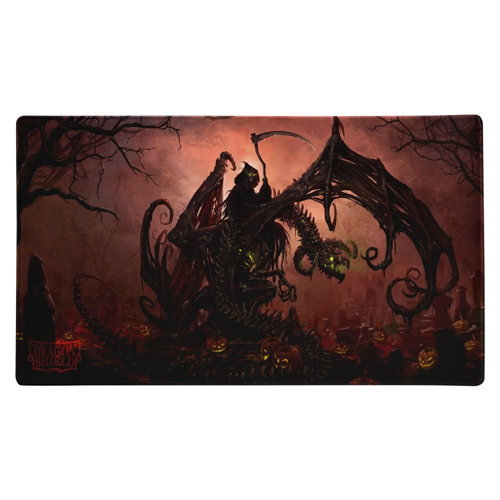 Dark art of the Grim Reaper riding a skeletal dragon in a graveyard with jack-o'-lanterns
