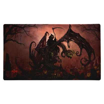 Dark art of the Grim Reaper riding a skeletal dragon in a graveyard with jack-o'-lanterns