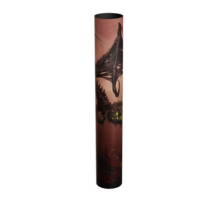 Cylindrical tube wrapped with dark fantasy art of a spiked creature with green glowing eyes against a red background