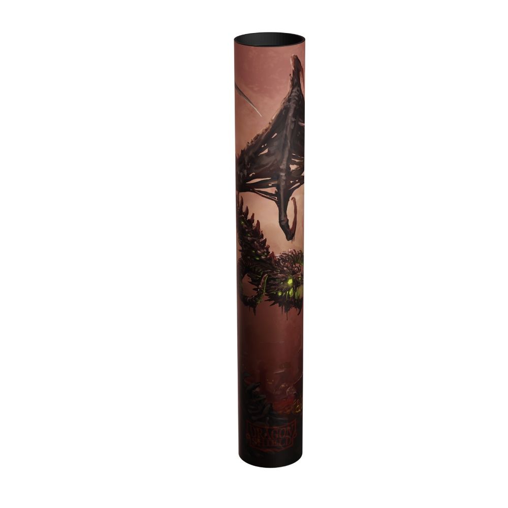 Cylindrical tube wrapped with dark fantasy art of a spiked creature with green glowing eyes against a red background