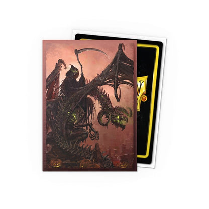 Card sleeve art: Grim Reaper with scythe riding a glowing skeletal winged beast, set against a red sky