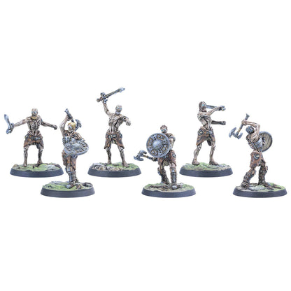 Six skeletal warrior miniatures in dynamic combat poses, wielding swords, axes, and shields