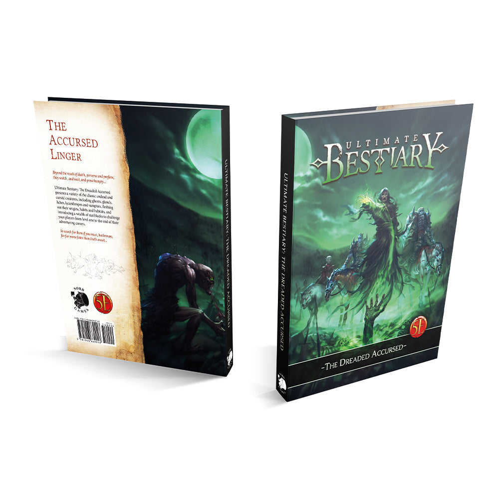 Two 'Ultimate Bestiary: The Dreaded Accursed' 5E books. Front: a green-glowing lich leading undead monsters; back, a hunched beast