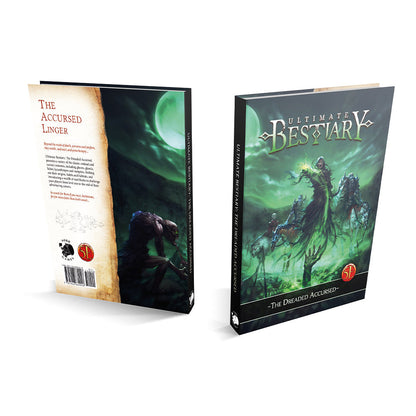Two 'Ultimate Bestiary: The Dreaded Accursed' 5E books. Front: a green-glowing lich leading undead monsters; back, a hunched beast