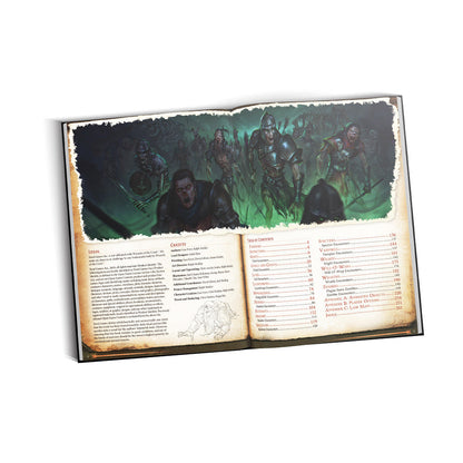 An open fantasy rulebook shows a central illustration of armored undead monsters marching. Text, credits, and table of contents flank the art