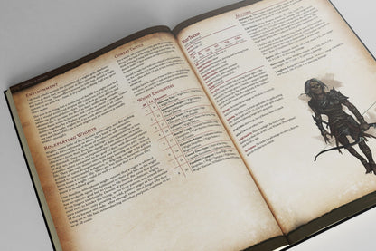 An open RPG rulebook showing Wight stats and a gaunt, undead wight aiming a bow
