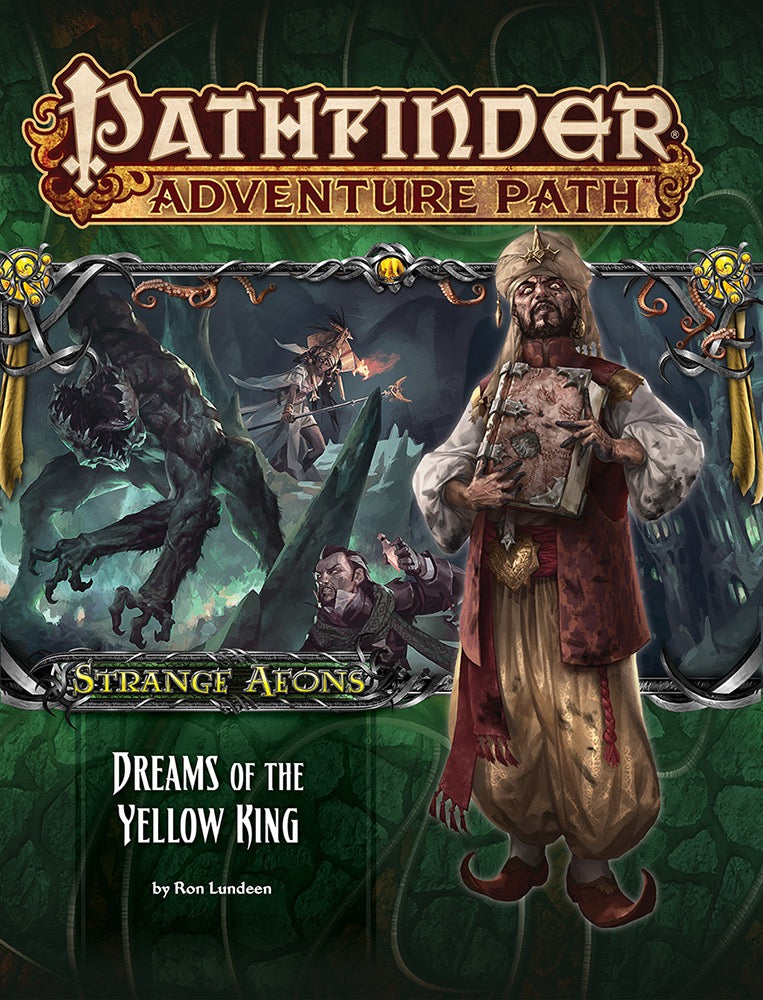 Pathfinder: Turbaned man clutches a grotesque book, with a monstrous creature and other figures in a dark, eerie fantasy scene.