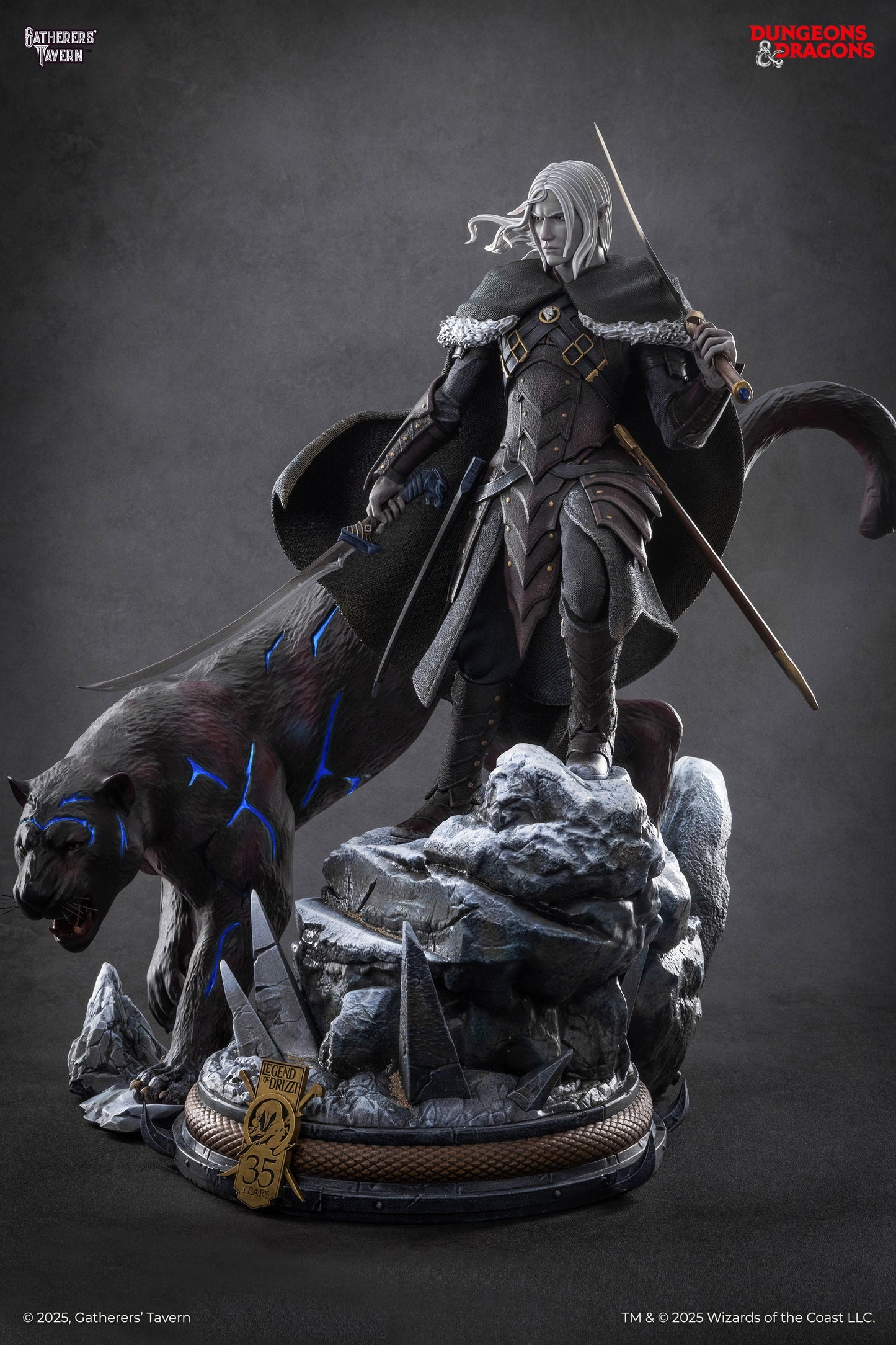 A white-haired elf-like figure in armor and a cloak stands on a snowy rock with two swords, next to a black panther with glowing blue markings