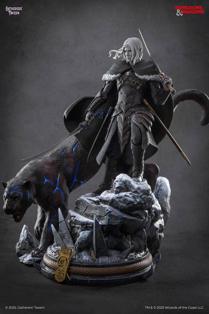 A white-haired elf-like figure in armor and a cloak stands on a snowy rock with two swords, next to a black panther with glowing blue markings
