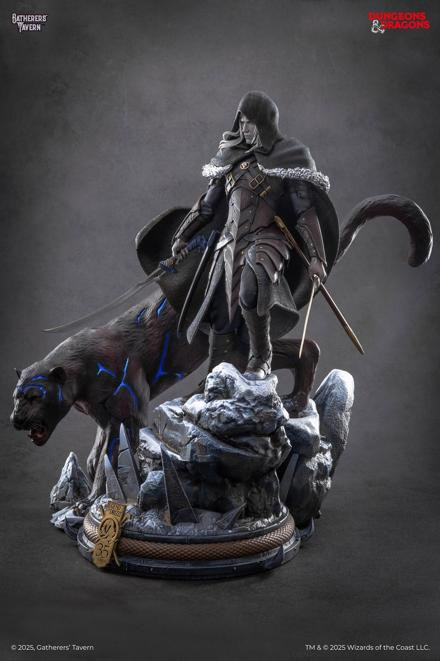 A detailed statue shows a pale, hooded figure with white hair and two swords, standing with a snarling black panther marked with blue lines