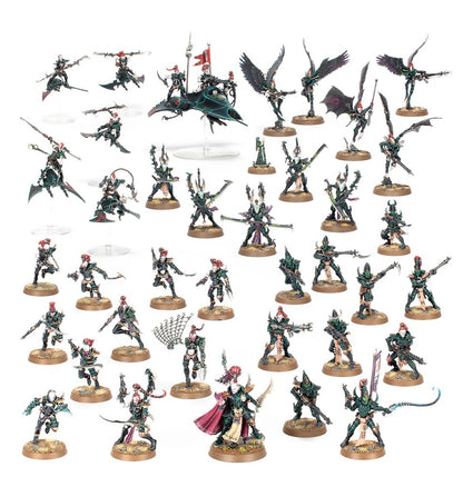 Large collection of painted Drukhari (Dark Eldar) miniatures, including infantry, winged units and a dark skiff