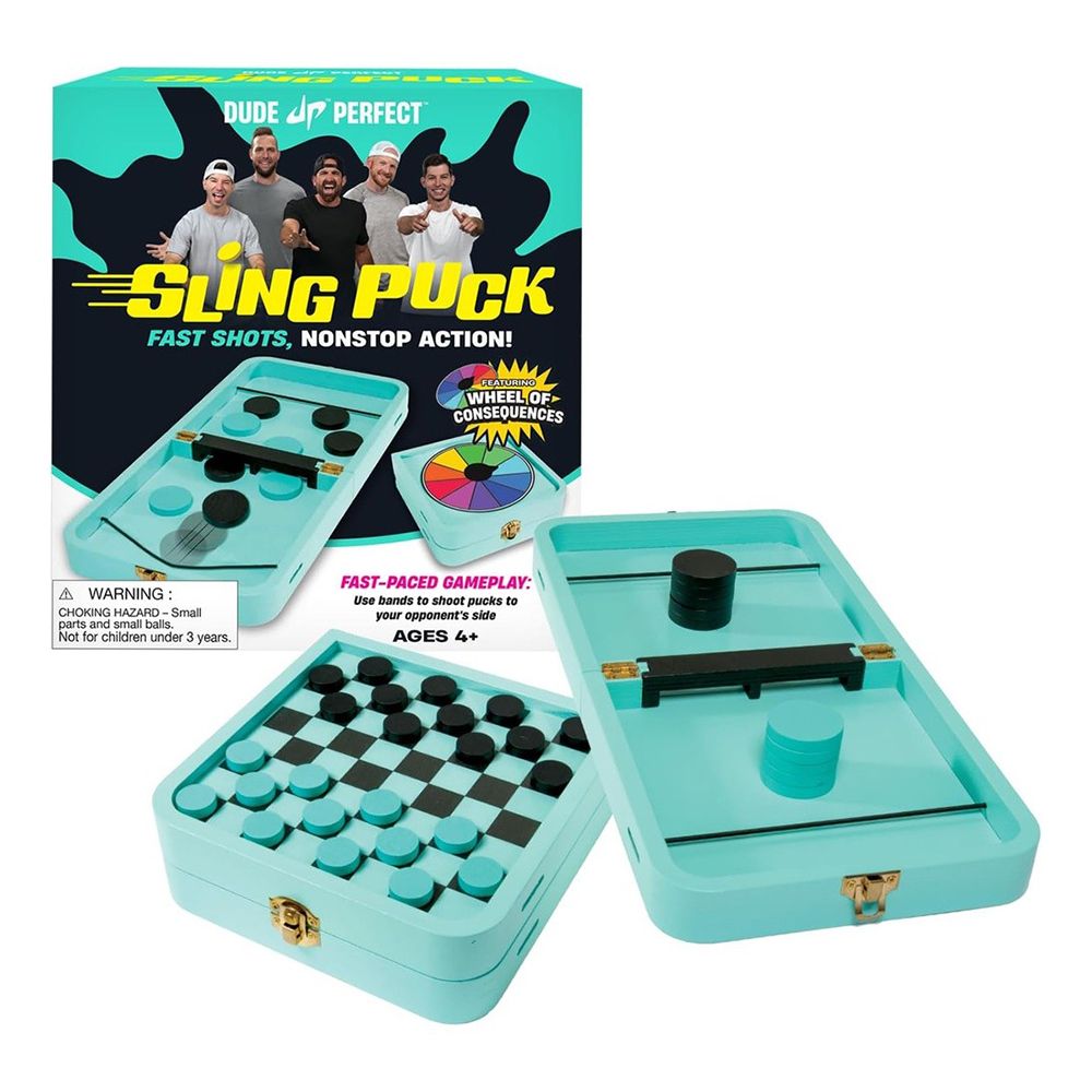 Dude Perfect Sling Puck game box with its teal Sling Puck board and a checkerboard game
