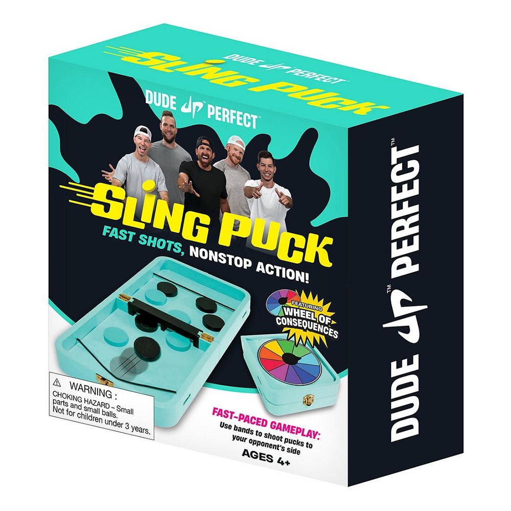 Dude Perfect Sling Puck game box featuring the members, a board with pucks and elastic bands for shooting, plus a colorful wheel