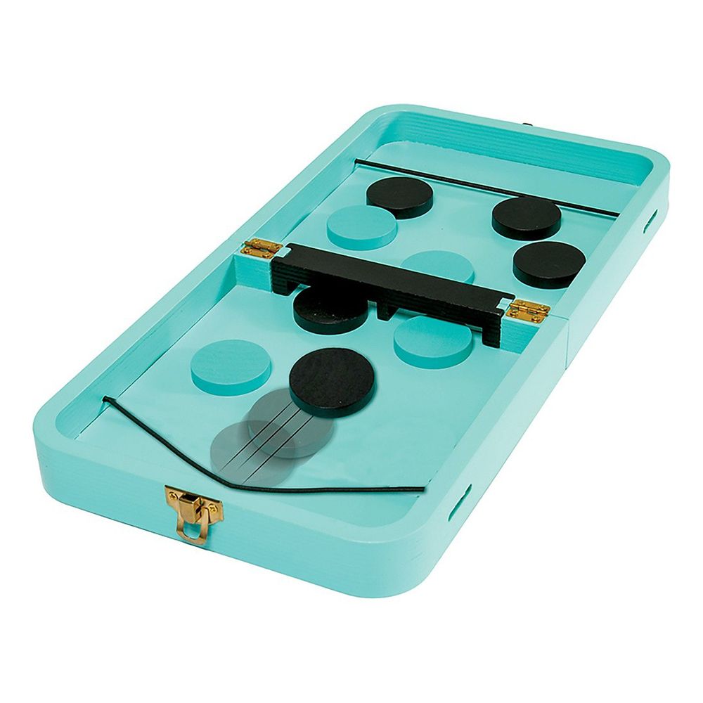 A light blue fast sling puck game board with black and blue discs, a central barrier, and an elastic string