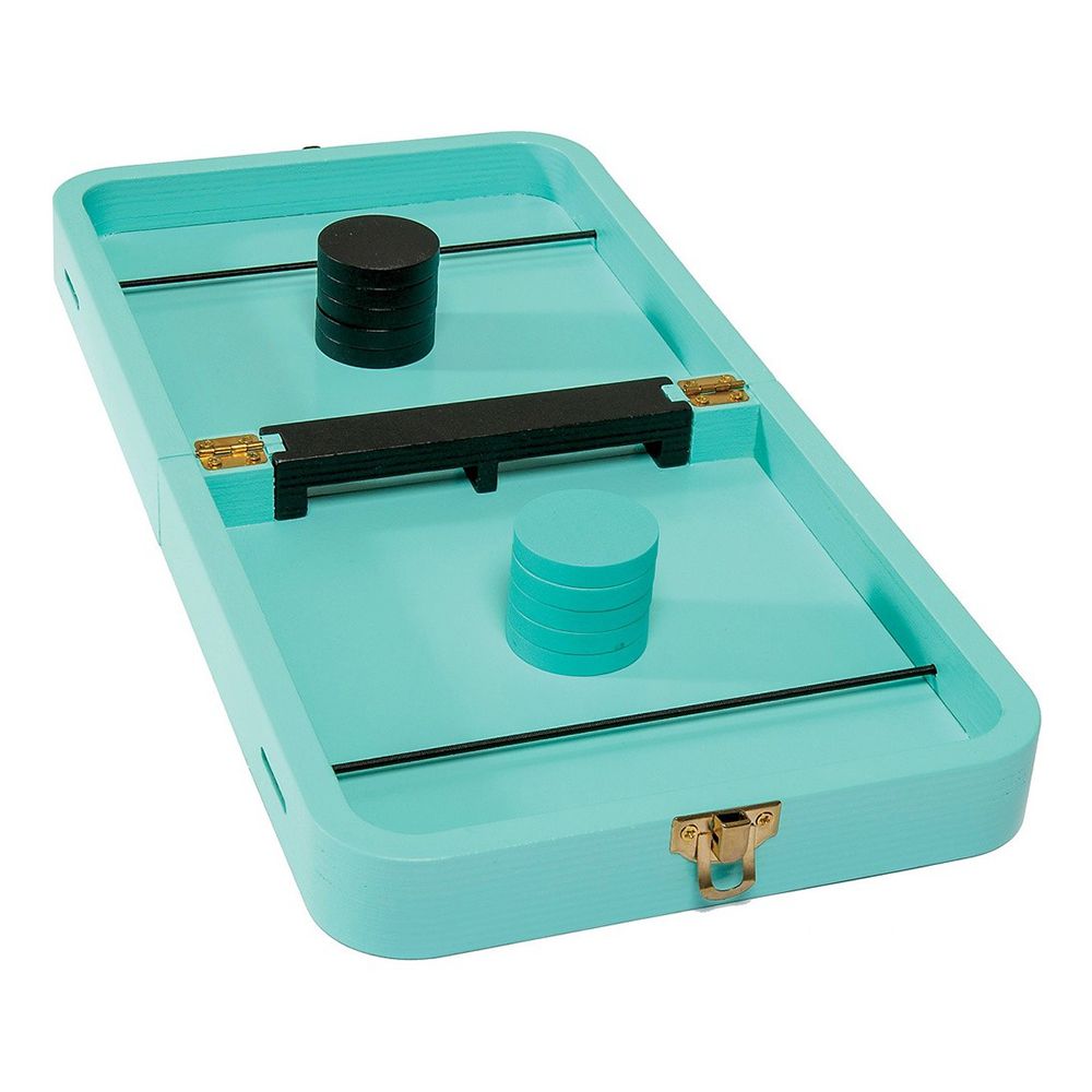 Turquoise wooden travel game board with stacks of black and teal pucks, a hinged central bar, and a gold latch