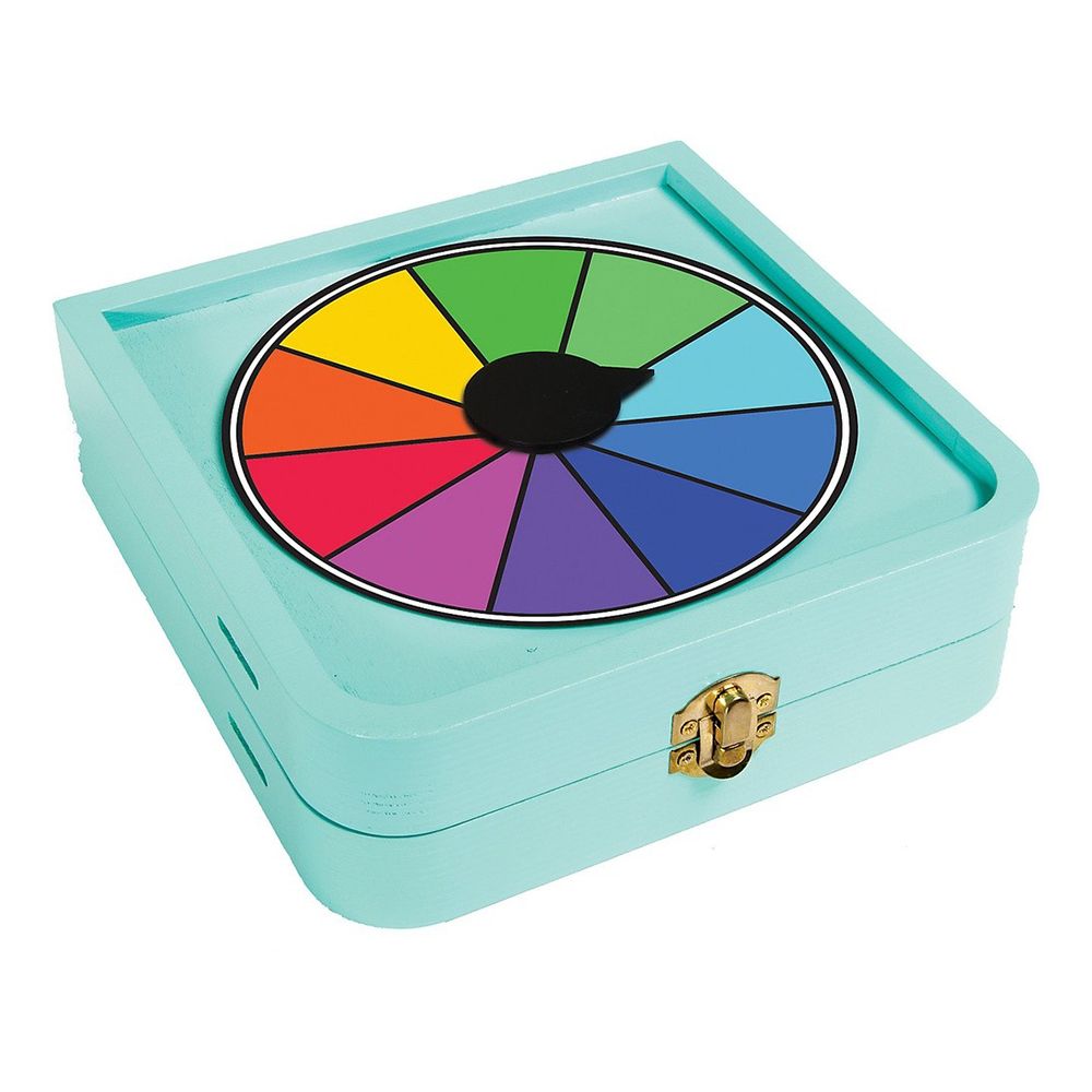 A teal wooden box with a vibrant color wheel and black spinner on its lid, secured by a brass latch