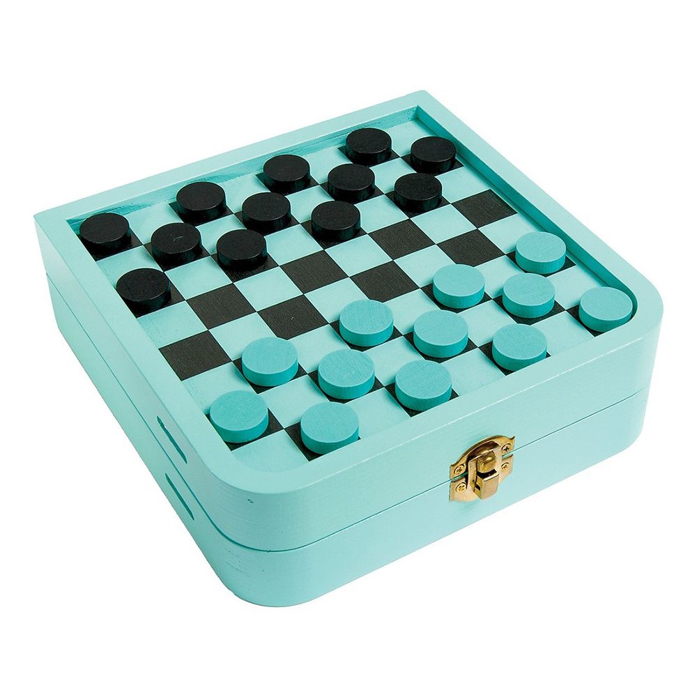 Teal wooden checkers game board with black and teal pieces, ready for play