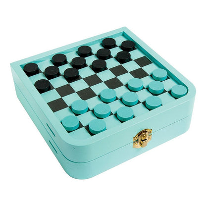 Teal wooden checkers game board with black and teal pieces, ready for play