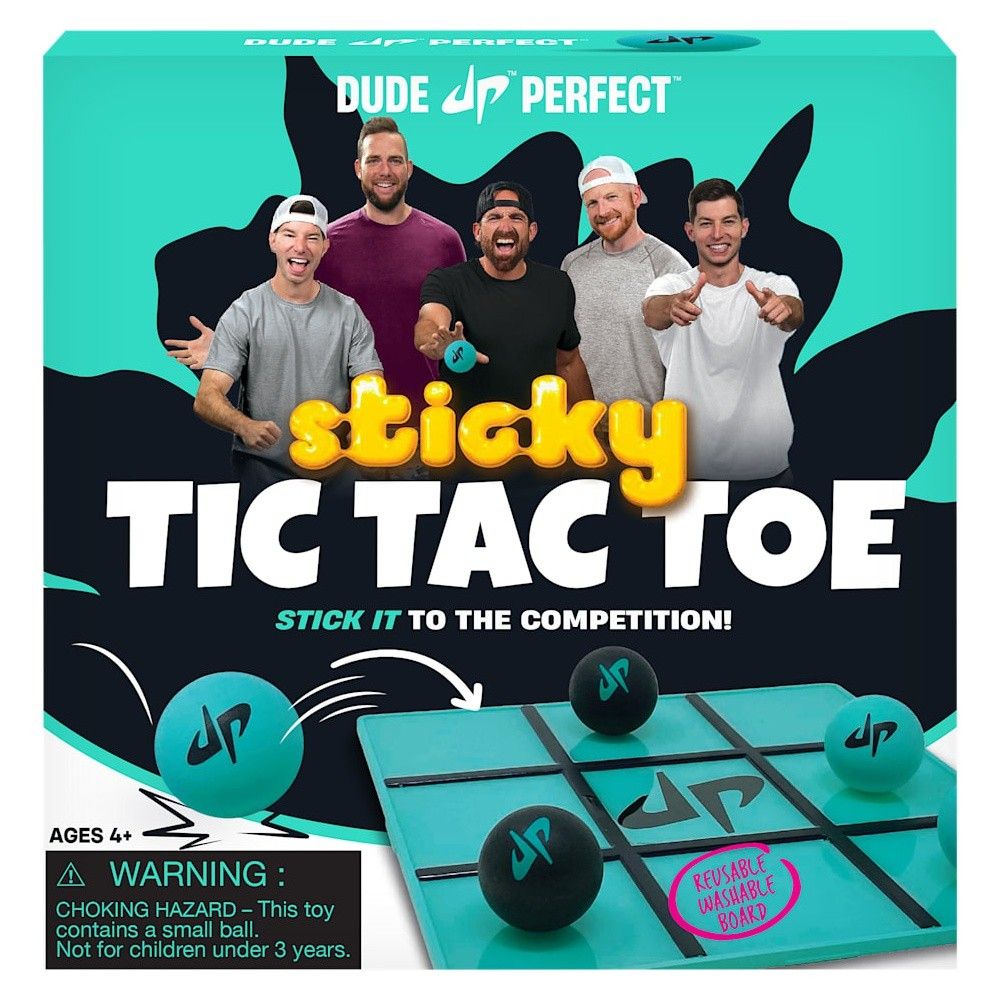 Dude Perfect Sticky Tic Tac Toe game box, featuring the 5 creators, a teal board, and sticky game balls