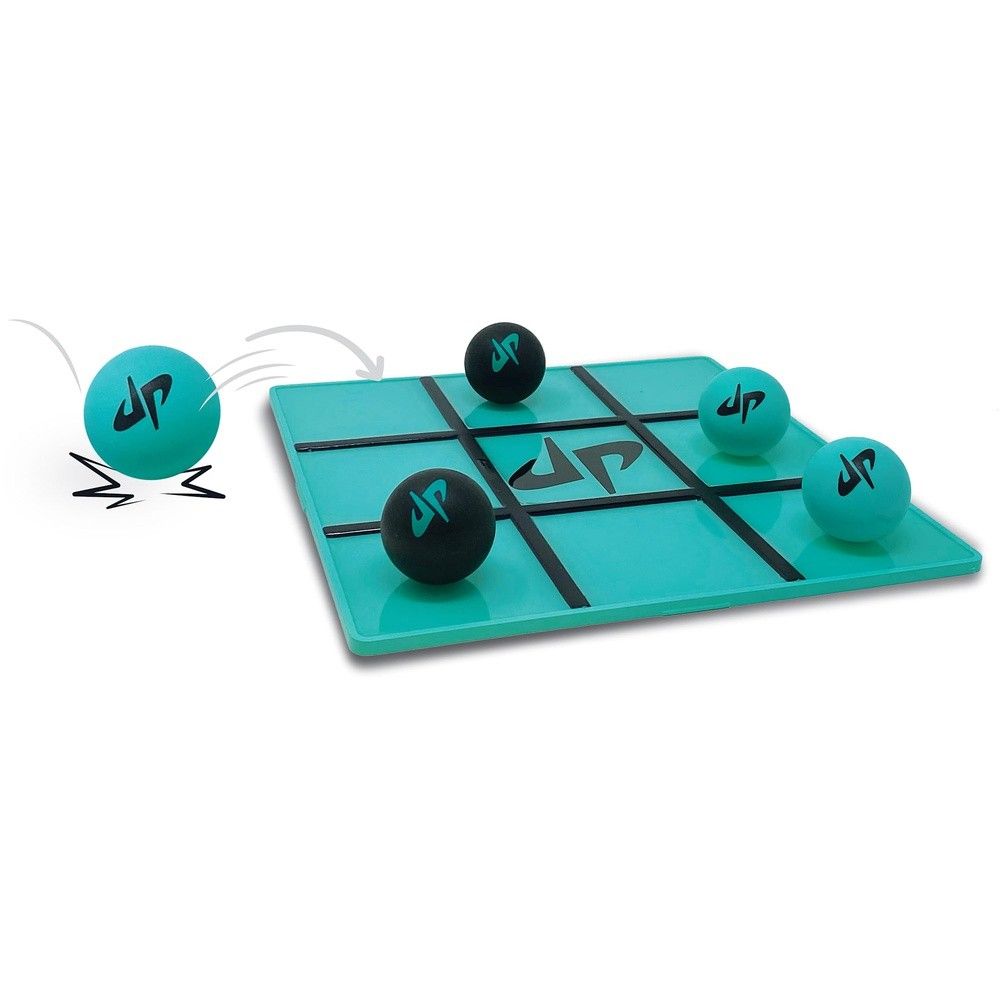 Teal grid game board with center "JP" logo, Black and teal "JP" balls are game pieces, one shown moving onto the board