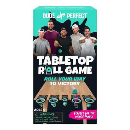 Dude Perfect Tabletop Roll Game box, showing the 5 crew members and a ball rolling into mini basketball hoops