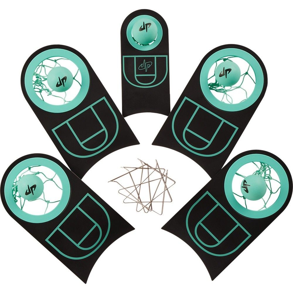 Five black mini basketball hoops with teal balls and court graphics, surrounding paper clips