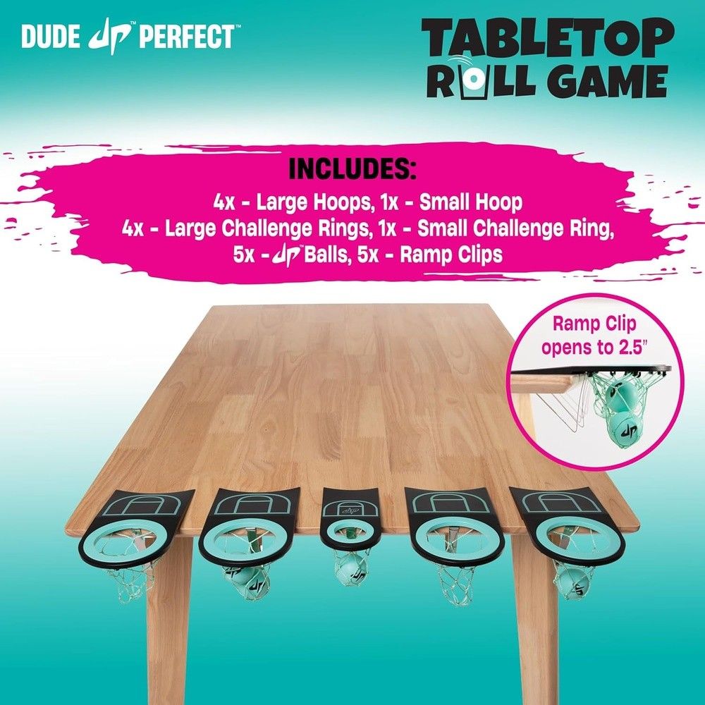 Five mini hoops with balls clipped to a wooden table; game components listed