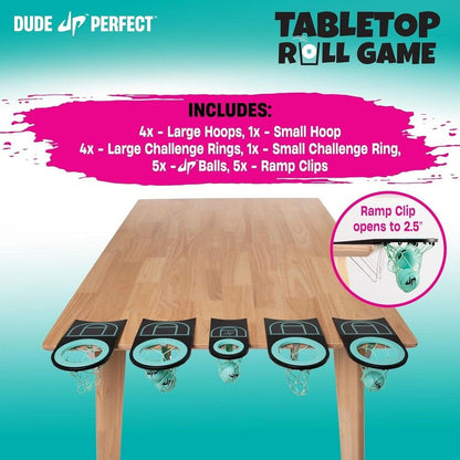 Five mini hoops with balls clipped to a wooden table; game components listed