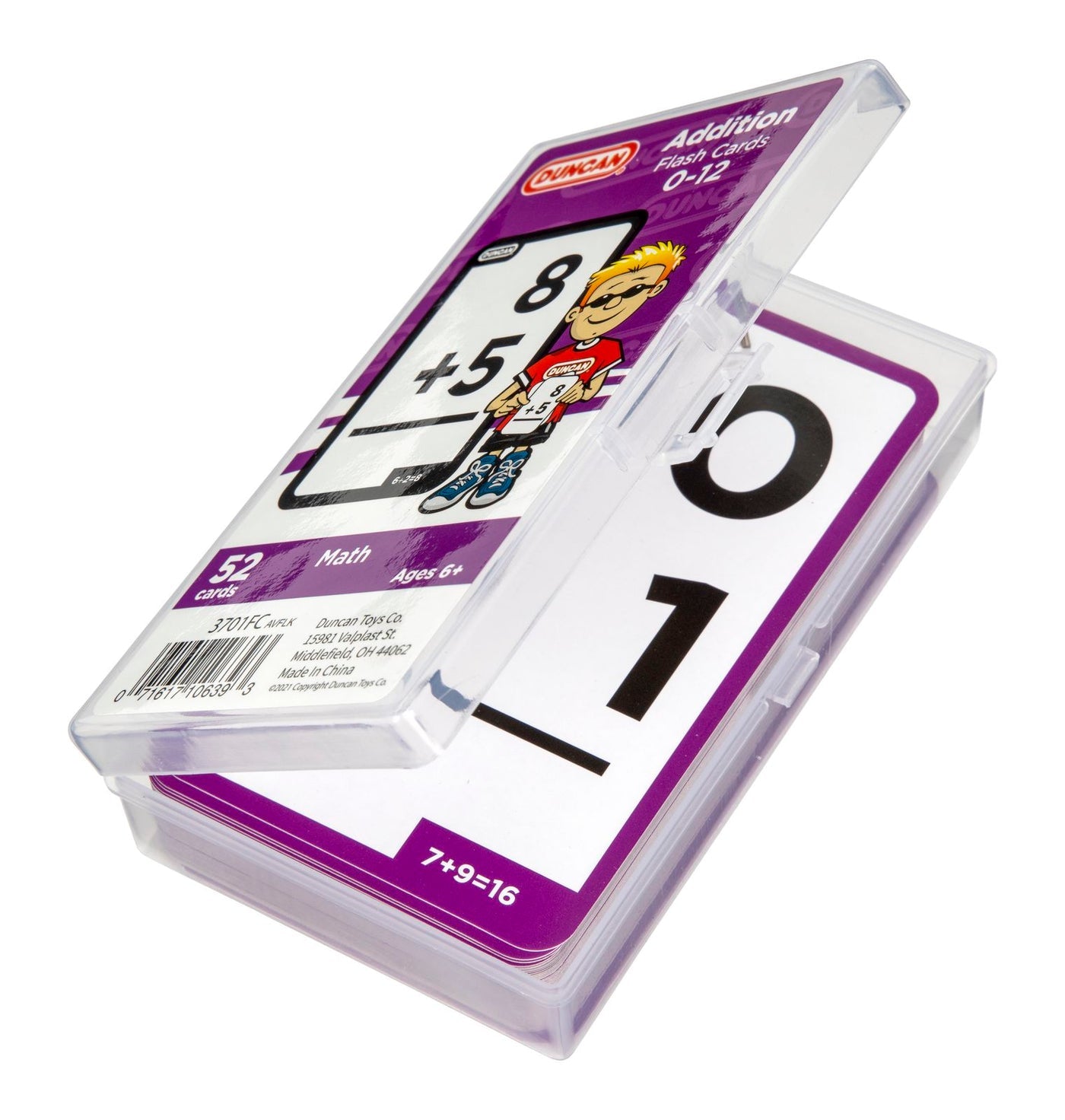 Duncan Addition Flash Cards 0-12 in an open clear plastic case, showing "8 +5" on top and "7+9=16" on another card