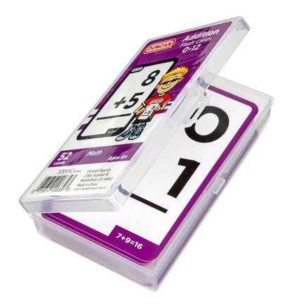 Duncan Addition Flash Cards 0-12 in an open clear plastic case, showing "8 +5" on top and "7+9=16" on another card